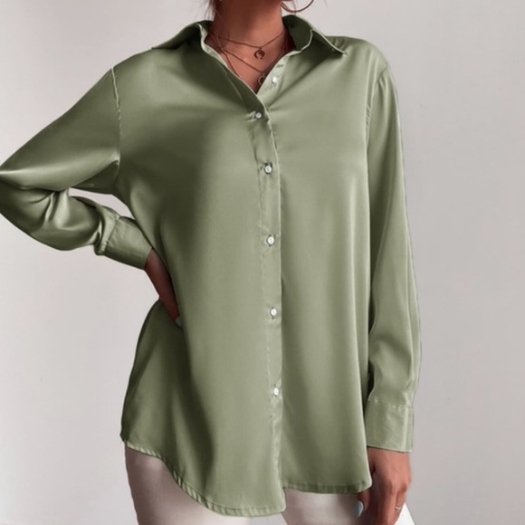 Satin boyfriend button down silky blouse hot pink - Picture 10 of 15